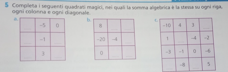 § Completa i seguenti quadrati magici, nei quali la somma algebrica è la stessa su ogni riga, 
ogni colonna e ogni diagonale. 
a 
b 
C