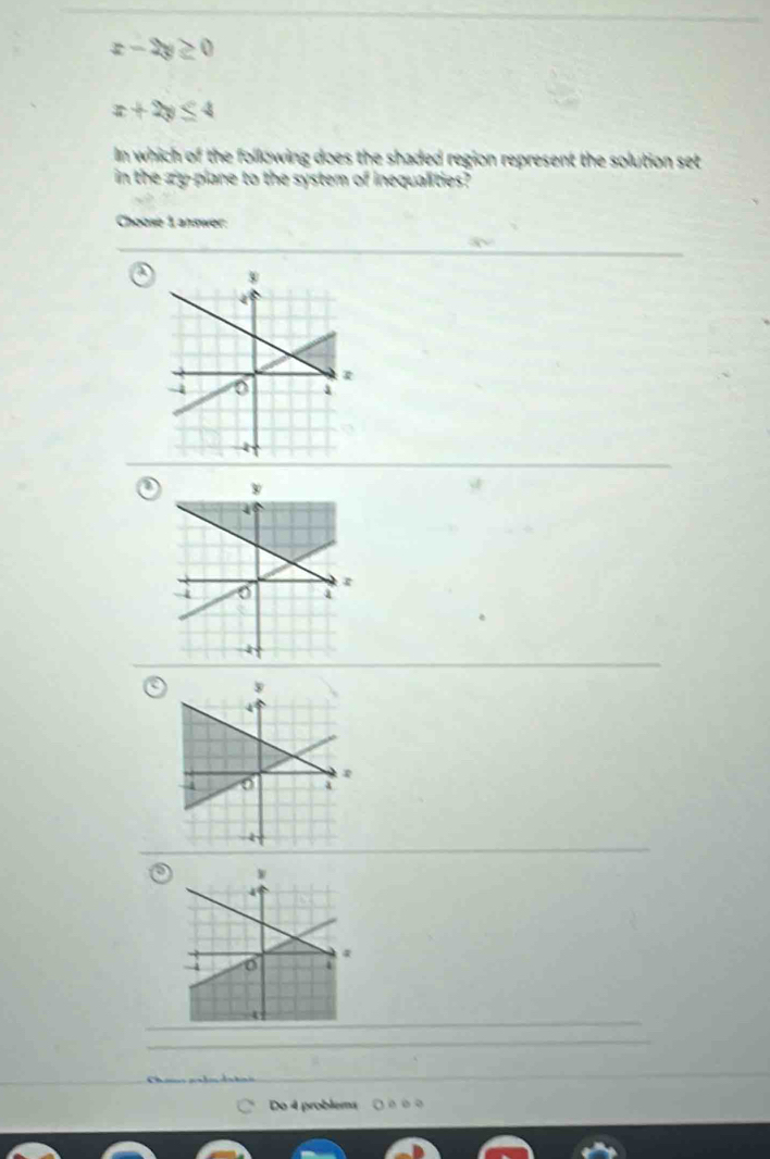 x-2y≥ 0
x+2y≤ 4
In which of the following does the shaded region represent the solution set 
in the zy -plane to the system of inequalities?
Choose 1 answer:
a
odot 
Do 4 problema ( é o o