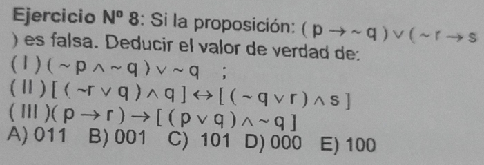 Ejercicio N^o 8: Si la proposición: (pto sim q)vee (sim rto s
) es falsa. Deducir el valor de verdad de:
(1) (sim pwedge sim q)vee sim q; 
(Ⅱ) [(sim rvee q)wedge q]rightarrow [(sim qvee r)wedge s]
(Ⅲ) (pto r)to [(pvee q)wedge sim q]
A) 011 B) 001 C) 101 D) 000 E) 100