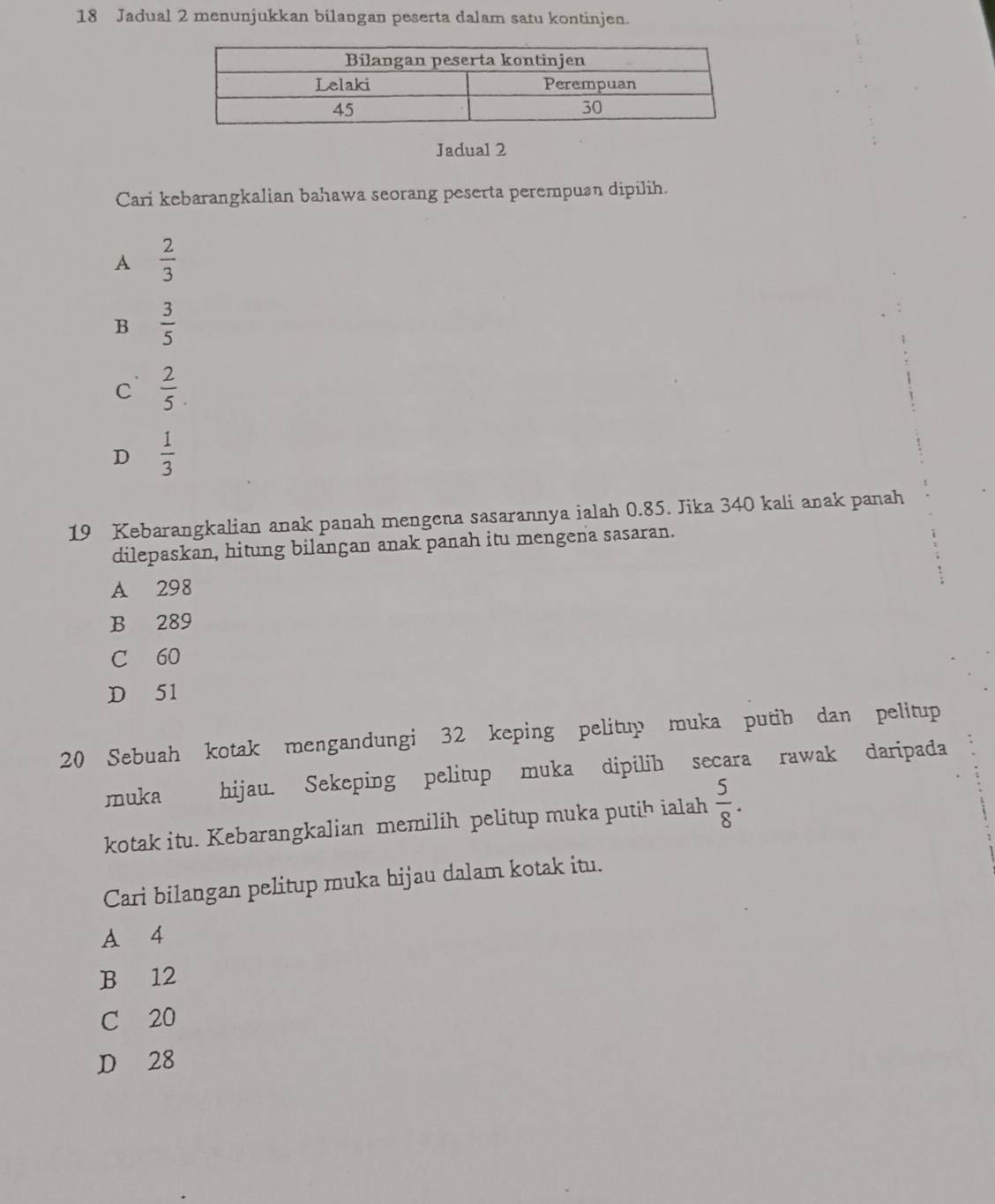 Jadual 2 menunjukkan bilangan peserta dalam satu kontinjen.
Jadual 2
Cari kebarangkalian bahawa seorang peserta perempuan dipilih.
A  2/3 
B  3/5 
c  2/5 .
D  1/3 
19 Kebarangkalian anak panah mengena sasarannya ialah 0.85. Jika 340 kali anak panah
dilepaskan, hitung bilangan anak panah itu mengena sasaran.
A 298
B 289
C 60
D 51
20 Sebuah kotak mengandungi 32 keping pelitup muka putib dan pelitup
muka hijau. Sekeping pelitup muka dipilih secara rawak daripada
kotak itu. Kebarangkalian memilih pelitup muka putih ialah  5/8 . 
Cari bilangan pelitup muka bijau dalam kotak itu.
A 4
B 12
C 20
D 28