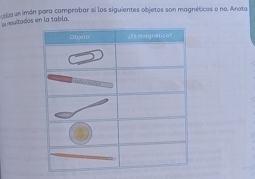 Utiliza un imán para comprobar si los siguientes objetos son magnéticos o no. Anota 
los resultados en la tabla. 
Objeto ¿Es magnético? 
Iercecet