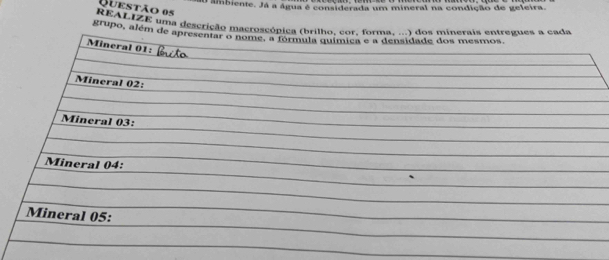 ambiente. Já a água é considerada um mineral na condição de geleira. 
Questão e5 
REALIZE uma descrição macroscópica (brilho, cor. forma. ...) dos minerais entregues a cada 
grupo, além de apresentar o nome, a fórmula química é a densidade dos mesmos. 
Mineral 01: 
Mineral 02: 
Mineral 03: 
Mineral 04: 
Mineral 05: