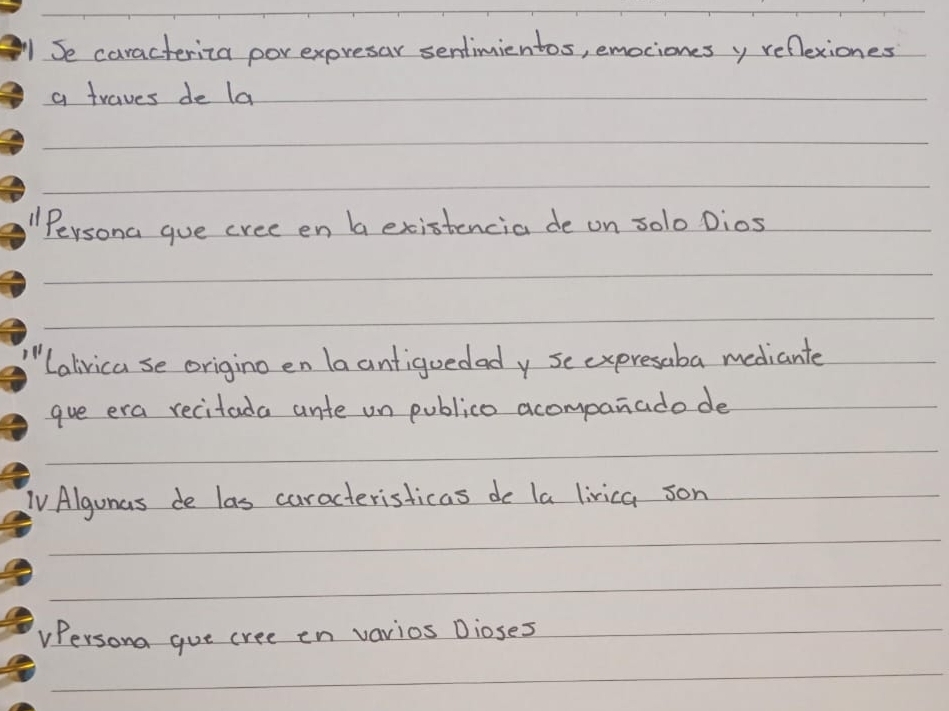 Se caracteriza porexpresar sentimientos, emociones y reflexiones 
a traves de la 
11 Persona gue cree en b existencia de on solo Dios 
Lalivica se origino en la antiguedad y se expresaba mediante 
gue era recitada ante on publico acompanado de 
TV Algonas de las caracteristicas de la livica son 
VPersona gue cree en vavios Dloses