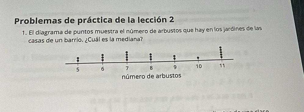 Problemas de práctica de la lección 2 
1. El diagrama de puntos muestra el número de arbustos que hay en los jardines de las 
casas de un barrio. ¿Cuál es la mediana? 
número de arbustos