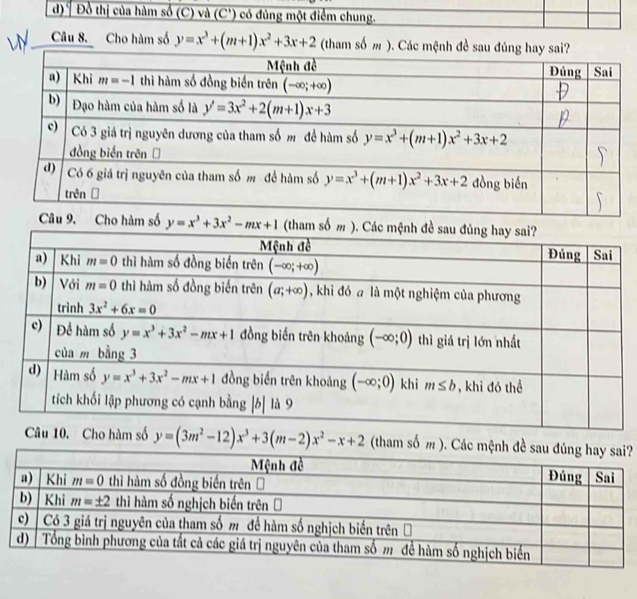 Đồ thị của hàm số (C) và (C') có đúng một điểm chung.
  
Câu 8. Cho hàm số y=x^3+(m+1)x^2+3x+2 (tham số m ). Các mệnh đề sau đúng hay sai?
y=x^3+3x^2-mx+1 (tham số m ). C
Câu 10. Cho hàm số y=(3m^2-12)x^3+3(m-2)x^2-x+2 (tham số m ). Các mệ?