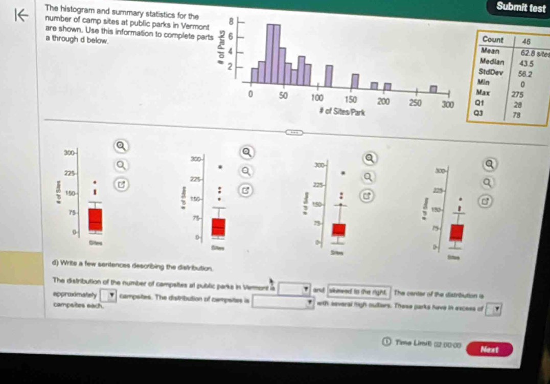 Submit test 
The histogram and summary statistics for the 
number of camp sites at public parks in Vermo es 
a through d below. 
are shown. Use this information to complete p

300
30
225
B 225
1:50 183
B
15
D 
Swe 
d) Write a few sentences describing the distribution. 
The distribution of the number of campattes at public parks in Vermont is and skewed in the right. The center of the distribiution s 
approximately campsites. The distribution of campsites is with several high oudliers. These parks have in excess of 
campaites each. 
Time Lireik (22 00-00) Next
