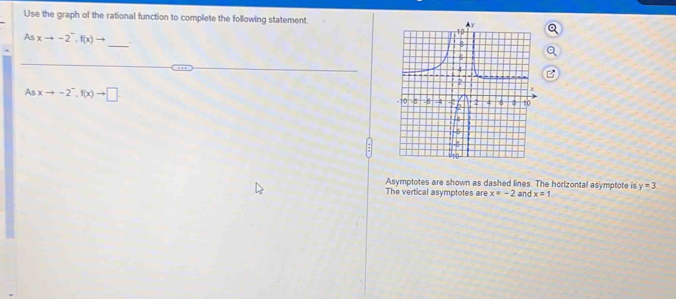 Use the graph of the rational function to complete the following statement. 
_
Asxto -2^-, f(x) →
Asxto -2^-, f(x)to □. 
Asymptotes are shown as dashed lines. The horizontal asymptote is y=3. 
The vertical asymptotes are x=-2 and x=1