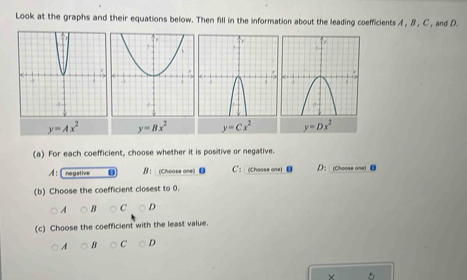 Look at the graphs and their equations below. Then fill in the information about the leading coefficients A , B , C , and D.
y=Ax^2
y=Bx^2
y=Cx^2 y=Dx^2
(a) For each coefficient, choose whether it is positive or negative.
A ： negative B： (Choose one) C： (Choose one) D：Choose one●
(b) Choose the coefficient closest to 0.
A B C D
(c) Choose the coefficient with the least value.
A B C D
× 5