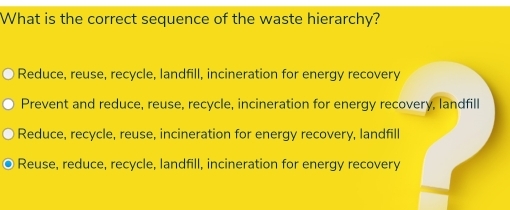 What is the correct sequence of the waste hierarchy?
Reduce, reuse, recycle, landfill, incineration for energy recovery
Prevent and reduce, reuse, recycle, incineration for energy recovery, landfill
Reduce, recycle, reuse, incineration for energy recovery, landfill
Reuse, reduce, recycle, landfill, incineration for energy recovery