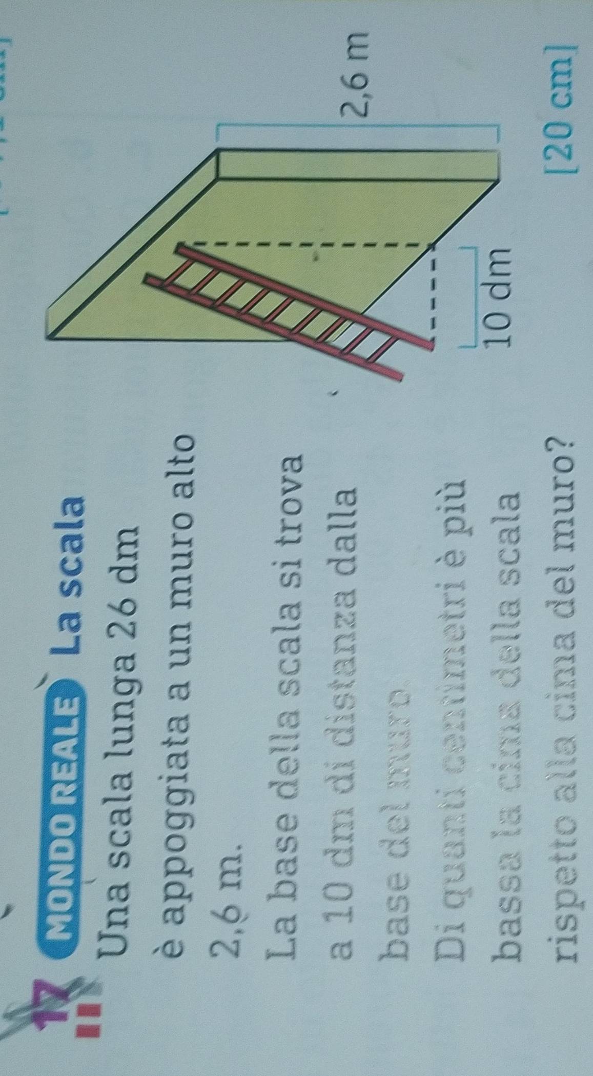 MONDO REALE) La scala 
Una scala lunga 26 dm
è appoggiata a un muro alto
2,6 m. 
La base della scala si trova 
a 10 dm di distanza dalla 
base del muro. 
Di quanti centimetri è più 
bassa la címa della scala 
rispetto alla cima del muro?