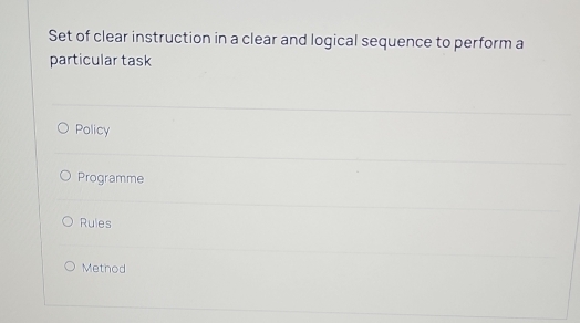 Set of clear instruction in a clear and logical sequence to perform a
particular task
Policy
Programme
Rules
Method