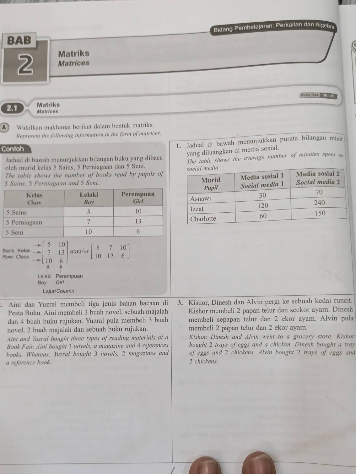 Bidang Pembelajaran: Perkaitan dan Algebra
BAB
Matriks
2 Matrices
Buku Teks Ba   
Matriks
2.1 Matrices
A) Wakilkan maklumat berikut dalam bentuk matriks.
Represent the following information in the form of matrices.
Contoh
1. Jadual di bawah menunjukkan purata bilangan minit
yang diluangkan di media sosial.
Jadual di bawah menunjukkan bilangan buku yang dibaca
oleh murid kelas 5 Sains, 5 Perniagaan dan 5 Seni. The table shows the average number of minutes spent on
The table shows the number of books read by pupils of
5 Sains, 5 Perniagaan and 5 Seni. 
Baris: Kelas beginarrayr to  to endarray beginbmatrix 5&10 7&13 10&6endbmatrix atau/or beginbmatrix 5&7&10 10&13&6endbmatrix
Row: Class
Lelaki Perempuan
Boy Girl
Lajur/Column
2. Aini dan Yuzral membeli tiga jenis bahan bacaan di 3. Kishor, Dinesh dan Alvin pergi ke sebuah kedai runcit.
Pesta Buku. Aini membeli 3 buah novel, sebuah majalah Kishor membeli 2 papan telur dan seekor ayam. Dinesh
dan 4 buah buku rujukan. Yuzral pula membeli 3 buah membeli sepapan telur dan 2 ekor ayam. Alvin pula
novel, 2 buah majalah dan sebuah buku rujukan. membeli 2 papan telur dan 2 ekor ayam.
Aini and Yuzral bought three types of reading materials at a Kishor, Dinesh and Alvin went to a grocery store. Kishor
Book Fair. Aini bought 3 novels, a magazine and 4 references bought 2 trays of eggs and a chicken. Dinesh bought a tray
books. Whereas, Yuzral bought 3 novels, 2 magazines and of eggs and 2 chickens. Alvin bought 2 trays of eggs and
a reference book. 2 chickens.