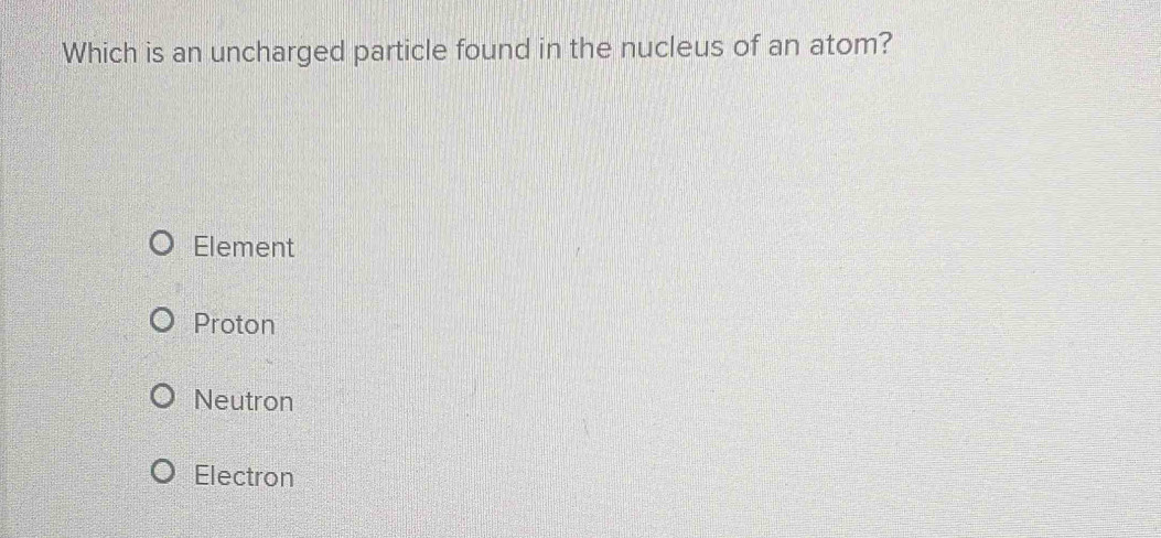 Which is an uncharged particle found in the nucleus of an atom?
Element
Proton
Neutron
Electron