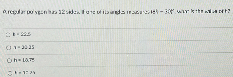 Solved: A regular polygon has 12 sides. If one of its angles measures ...