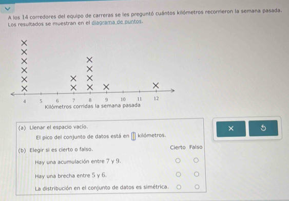 A los 14 corredores del equipo de carreras se les preguntó cuántos kilómetros recorrieron la semana pasada.
Los resultados se muestran en el diagrama de puntos.
(a) Llenar el espacio vacío.
×
El pico del conjunto de datos está en kilómetros.
(b) Elegir si es cierto o falso. Cierto Falso
Hay una acumulación entre 7 y 9.
Hay una brecha entre 5 y 6.
La distribución en el conjunto de datos es simétrica.
