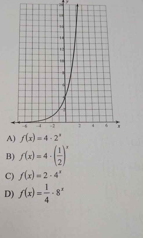 B) f(x)=4· ( 1/2 )^x
C) f(x)=2· 4^x
D) f(x)= 1/4 · 8^x