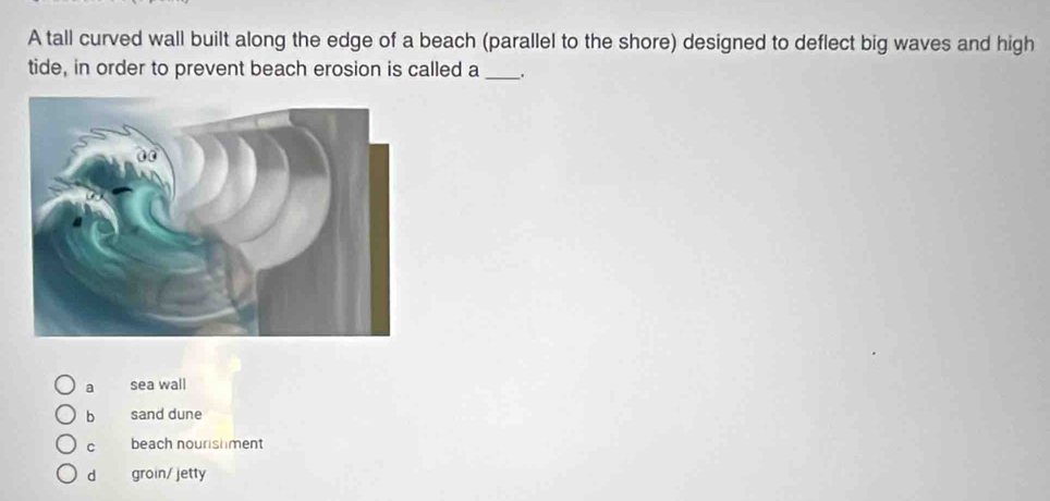 A tall curved wall built along the edge of a beach (parallel to the shore) designed to deflect big waves and high
tide, in order to prevent beach erosion is called a _.
a sea wall
b sand dune
C beach nourishment
d groin/ jetty