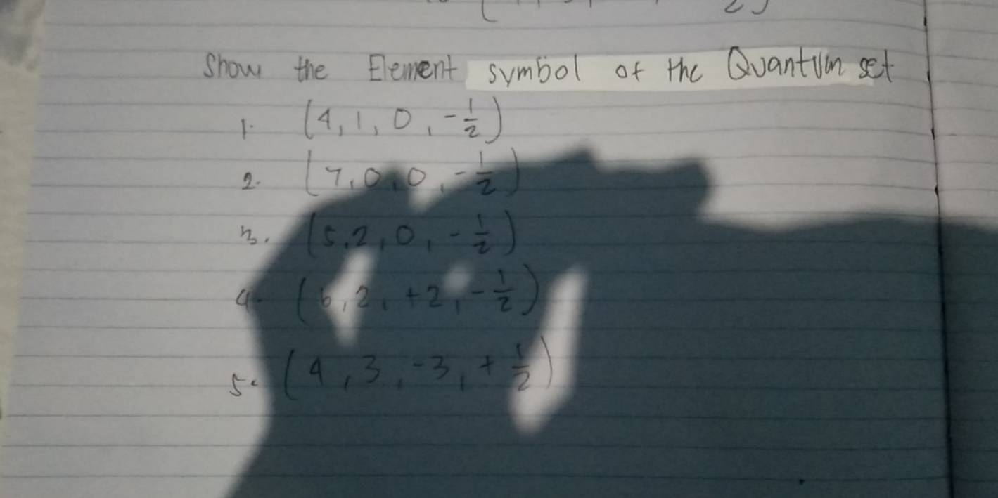 show the Eement symbol of the QuantUn set 
1. (4,1,0,- 1/2 )
2. (7,0,0,- 1/2 )
5. (5,2,0,- 1/2 )
(6,2,+2,- 1/2 )
5( (4,3,-3,+ 1/2 )