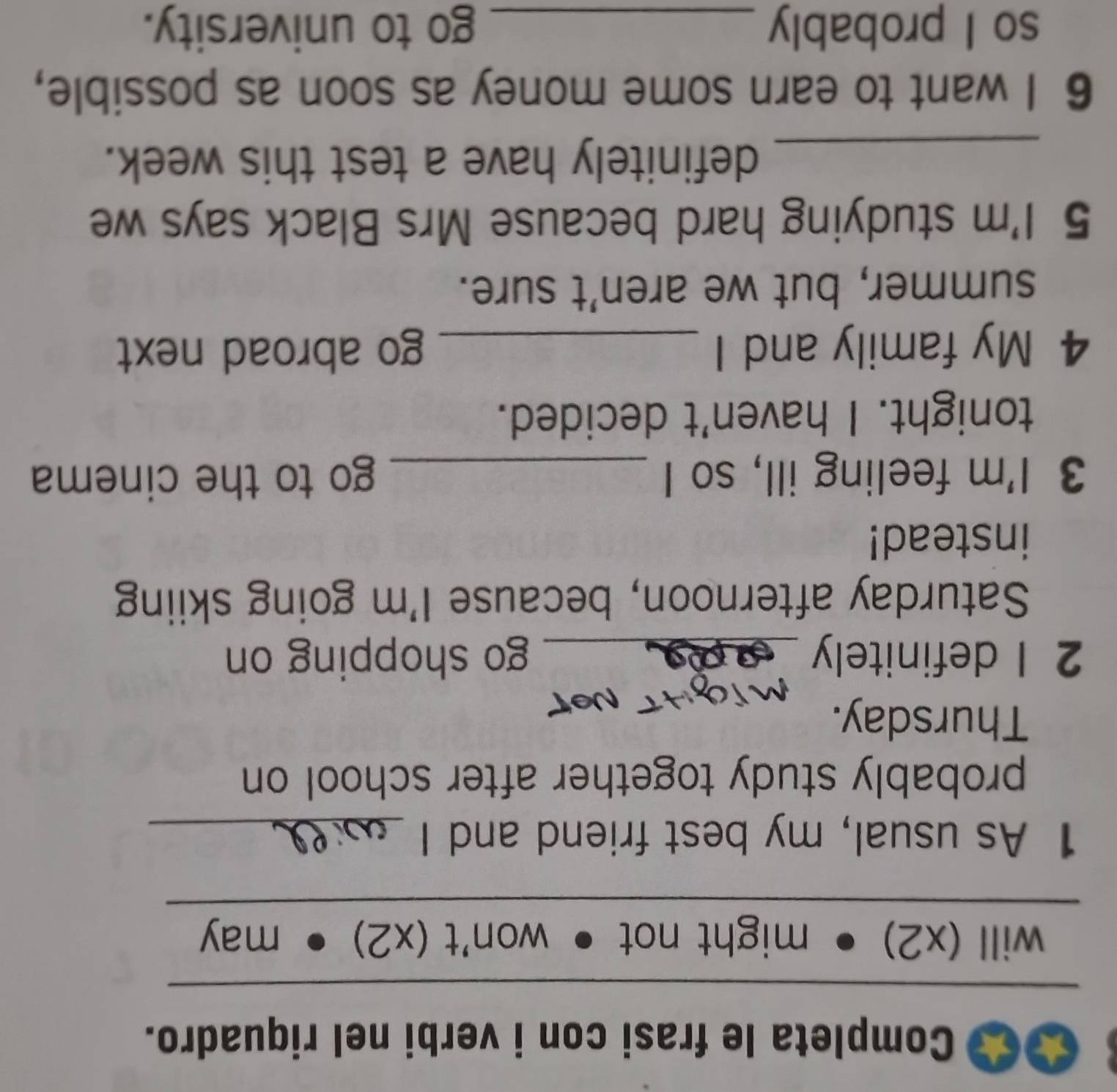 ★ Completa le frasi con i verbi nel riquadro. 
will (x2) might not W on't(x2) may 
1 As usual, my best friend and I_ 
probably study together after school on 
Thursday. 
2 I definitely _go shopping on 
Saturday afternoon, because I'm going skiing 
instead! 
3 I'm feeling ill, so I _go to the cinema 
tonight. I haven't decided. 
4 My family and I _go abroad next 
summer, but we aren't sure. 
5 I'm studying hard because Mrs Black says we 
_definitely have a test this week. 
6 I want to earn some money as soon as possible, 
so I probably _go to university.