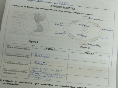 ATIVIDADE AVALIATIVA 
1) Observe as figuras dos movimentos da Terra abaixo, complete o quadro: 
P 
out gu é
40
_ 
2)s coordenada g