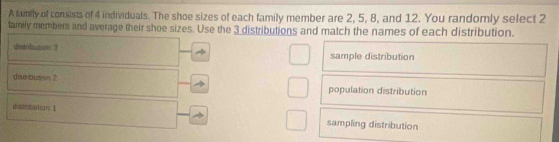 A family of consists of 4 individuals. The shoe sizes of each family member are 2, 5, 8, and 12. You randomly select 2
tamily members and average their shoe sizes. Use the 3 distributions and match the names of each distribution.
dedbutes 3 sample distribution
distbutsn 2 population distribution
districation 1 sampling distribution