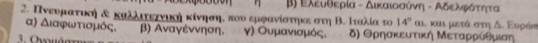 β) Ελευθερία - δικαιοοσύνη - Αδελοφροόαταητα
2. Πνευματική δ καλλιτεχνική κίνησηε που εμφανίστηκε στη Β. Ιταλία το 14° αι. και μετά στη Δ. Ευρός
α) Διαφωνατισομός, β) Αναγέννηση, γ) Ουμανισμός, δ) Θρησκευτική Μεταρρίθμιση
3. Ovομάστ