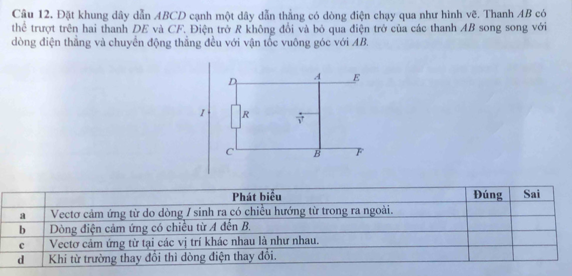 Đặt khung dây dẫn ABCD cạnh một dây dẫn thẳng có dòng điện chạy qua như hình vẽ. Thanh AB có
thể trượt trên hai thanh DE và CF. Điện trở R không đổi và bỏ qua điện trở của các thanh AB song song với
dòng điện thẳng và chuyển động thắng đều với vận tốc vuông góc với AB.
<
<tex>A E
1 R
c
B F
Phát biểu Đúng Sai
a Vectơ cảm ứng từ do dòng / sinh ra có chiều hướng từ trong ra ngoài.
b Dòng điện cảm ứng có chiều từ A đến B.
c Vectơ cảm ứng từ tại các vị trí khác nhau là như nhau.
d Khi từ trường thay đổi thì dòng điện thay đổi.