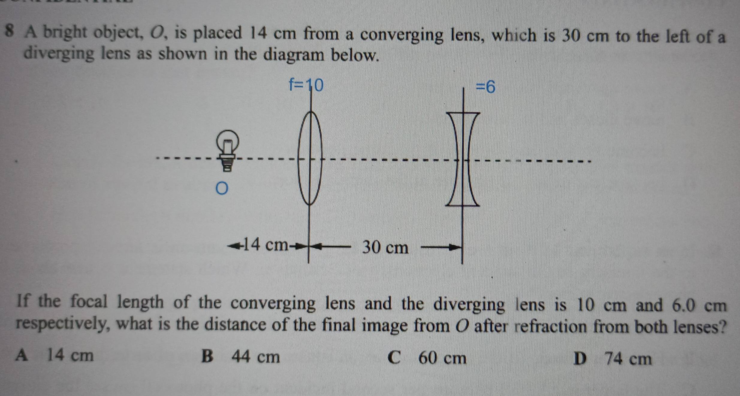 A bright object, O, is placed 14 cm from a converging lens, which is 30 cm to the left of a
diverging lens as shown in the diagram below.
If the focal length of the converging lens and the diverging lens is 10 cm and 6.0 cm
respectively, what is the distance of the final image from O after refraction from both lenses?
A 14 cm B 44 cm C 60 cm D 74 cm