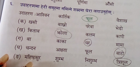 पूर्णिमा औसी 
६. उदाहरणमा हैरी समूहमा नमिले शब्दमा घेरा लगाउनुहोस् : 
उदाहरण :आशिवन कार्तिक वैशाख 
(क) खसी बाखो परेवा भेडो 
(ख) किताब भोला कलम कापी 
(ग) बा काका घर 
(घ) चन्दन अक्षता फूल 
(ड़) महिषासुर ,शुम्भ निशुम्भ त्रिशल