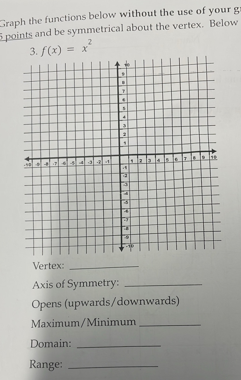 Graph the functions below without the use of your g:
5 points and be symmetrical about the vertex. Below 
3. f(x)=x^2
Vertex:_ 
Axis of Symmetry:_ 
Opens (upwards/downwards) 
Maximum/Minimum_ 
Domain:_ 
Range:_