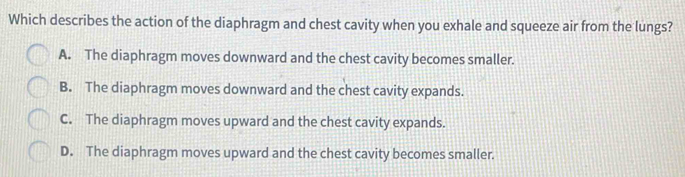 Which describes the action of the diaphragm and chest cavity when you exhale and squeeze air from the lungs?
A. The diaphragm moves downward and the chest cavity becomes smaller.
B. The diaphragm moves downward and the chest cavity expands.
C. The diaphragm moves upward and the chest cavity expands.
D. The diaphragm moves upward and the chest cavity becomes smaller.