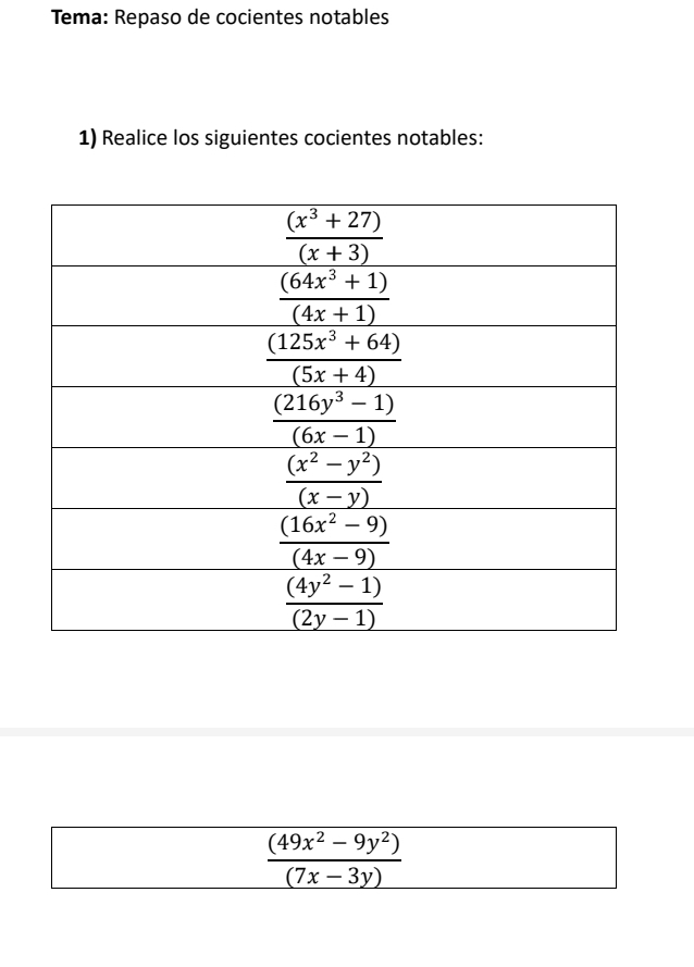 Tema: Repaso de cocientes notables
1) Realice los siguientes cocientes notables:
 ((49x^2-9y^2))/(7x-3y) 