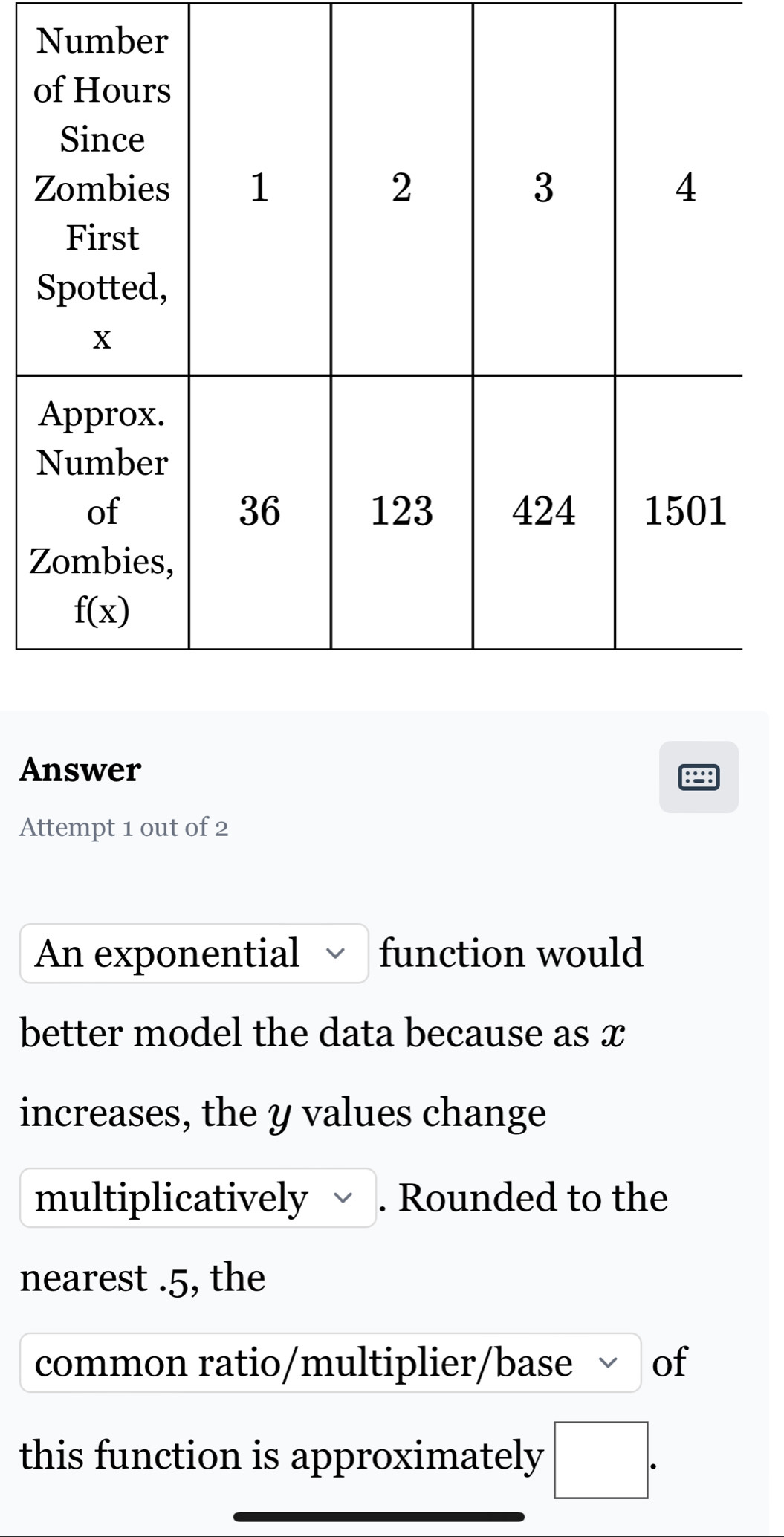 Answer
Attempt 1 out of 2
An exponential function would
better model the data because as x
increases, the y values change
multiplicatively  . Rounded to the
nearest .5, the
common ratio/multiplier/base of
this function is approximately □ .