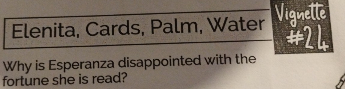 Elenita, Cards, Palm, Water Vignetle 
#21 
Why is Esperanza disappointed with the 
fortune she is read?