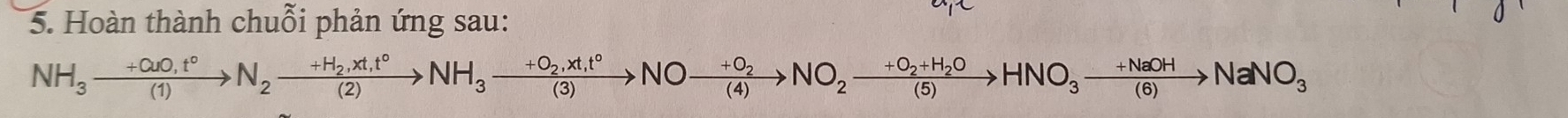 Hoàn thành chuỗi phản ứng sau:
NH_3xrightarrow +CuO,t°N_2xrightarrow +H_2,xt,t°NH_3xrightarrow +O_2,xt,t°NOto frac +O_2(4)NO_2xrightarrow +O_2+H_2OHNO_3xrightarrow +NaOHNO_3