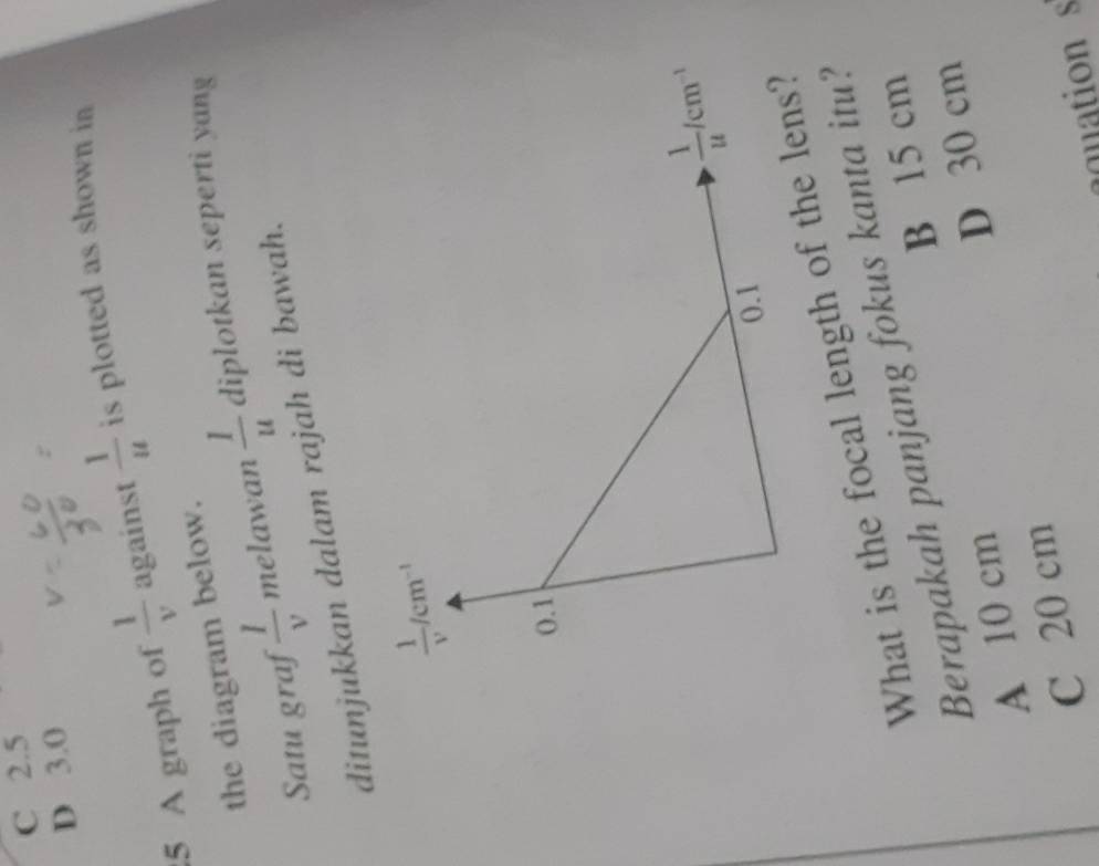 C 2.5
D 3.0
5 A graph of  1/v  against  1/u  is plotted as shown in
the diagram below.
Satu graf  I/v  melawan  1/u  diplotkan seperti yang
ditunjukkan dalam rajah di bawah.
What is the focal length of the lens?
Berapakah panjang fokus kanta itu?
B 15 cm
A 10 cm
D 30 cm
C 20 cm
gnation s