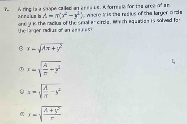 Solved: A ring is a shape called an annulus. A formula for the area of ...