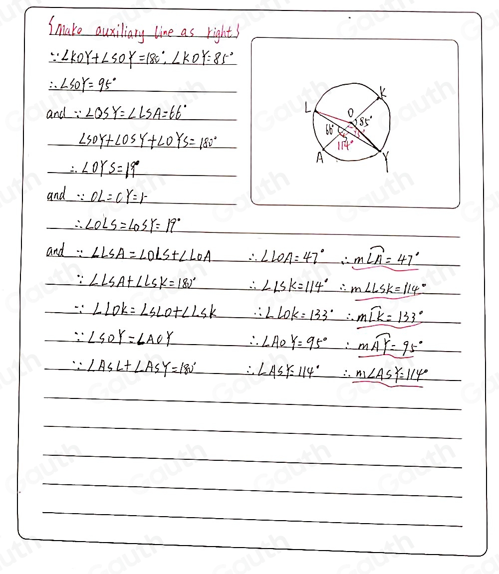 Imako auxiliary line as rights
∵ ∠ KOY+∠ SOY=180°, ∠ KOY=85°
∴ ∠ SOY=95°
anc ∵ ∠ OSY=∠ LSA=66°
∠ SOY+∠ OSY+∠ OYS=180°
∴ ∠ OYS=19°
and _ ∵ OL=CY=1
∴ ∠ OLS=∠ OSY=19°
and ∵ ∠ LSA=∠ OLS+∠ LOA ∴ ∠ LOA=47°∴ m∠ A=47°
∵ ∠ LSA+∠ LSK=180°
∴ ∠ LSK=114° ∴ m∠ LSK=114°
∵ ∠ LOK=∠ SLO+∠ LSK ∴ ∠ LOK=133° _  ∴ mwidehat LK=133°
∵ ∠ SOY=∠ AOY
∴ ∠ AOY=95° ∴ moverline AY=95°
∵ ∠ ASL+∠ ASY=180° ∴ ∠ ASY=114° ∴ m∠ ASP=114°