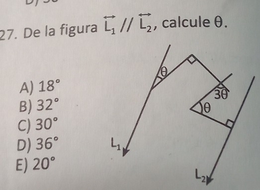 De la figura overleftrightarrow L_1//overleftrightarrow L_2 , calcule θ.
A) 18°
B) 32°
C) 30°
D) 36°
E) 20°