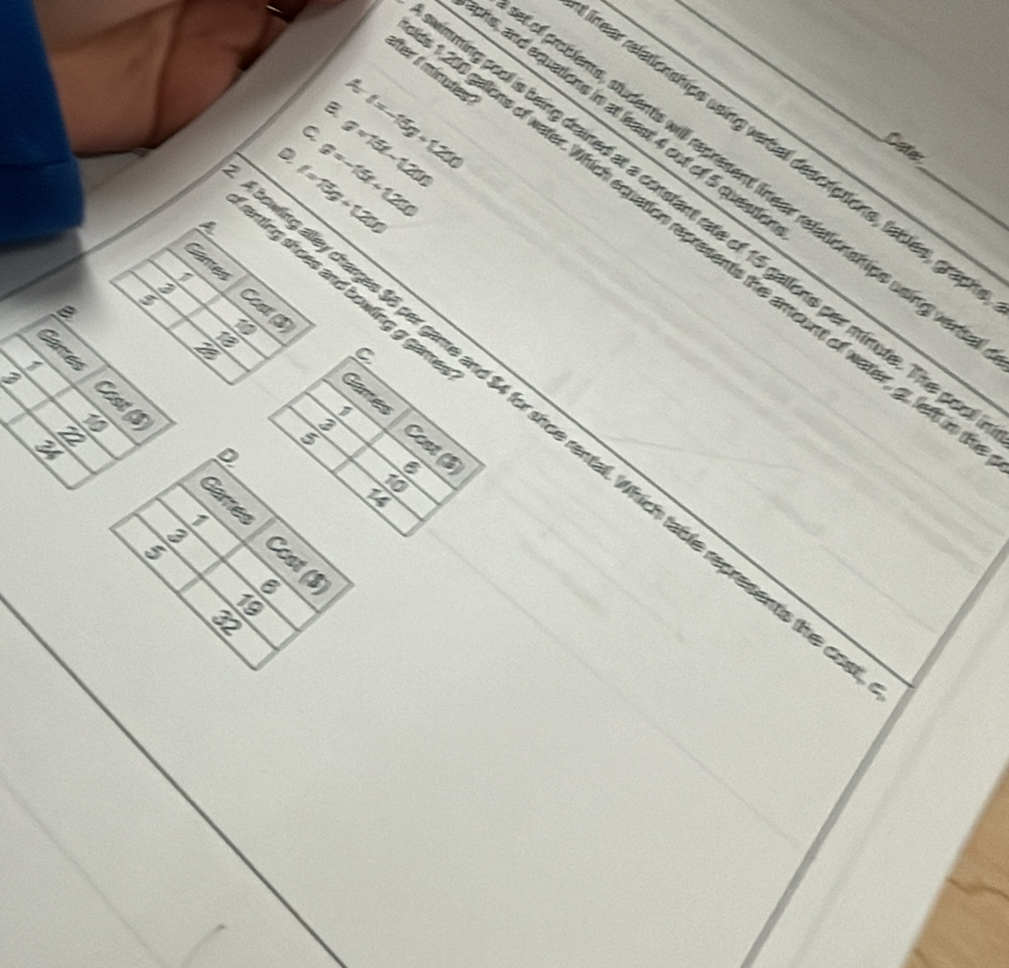 eter i míinutes 
A 
B t=-15g+1200
s, and equations in at least 4 out of 5 quest 
C g=15t-1200
sar relationships wsing verbal descriptions, fables, grap
g=-15t+1200
Deter 
i problems, students will represent inear relationships ssing ven 
A l=13g+1200
ning pool is being drained at a constant rate of 15 gallons per minute. The p
10 galons of water. Which equation represents the amount off water, g. left 
Canes 
i 
enting shoes and bowing g gam 
g aley charges $6 per game and $4 for shoe rental. Which table represents the_ 
5 Cp 


Tậ 
a 
C 
Games 
1 
Z 
ω 
Cot (s 
B 
10