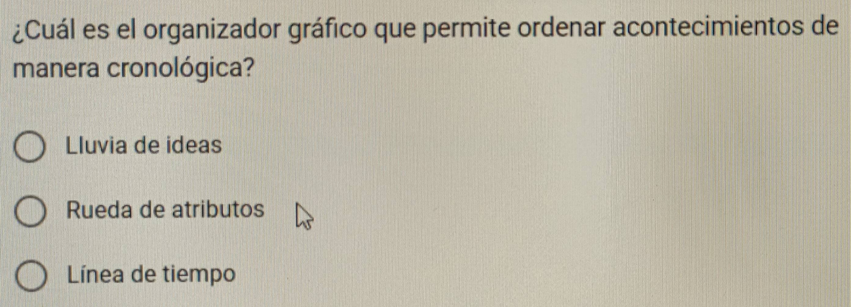 ¿Cuál es el organizador gráfico que permite ordenar acontecimientos de
manera cronológica?
Lluvia de ideas
Rueda de atributos
Línea de tiempo
