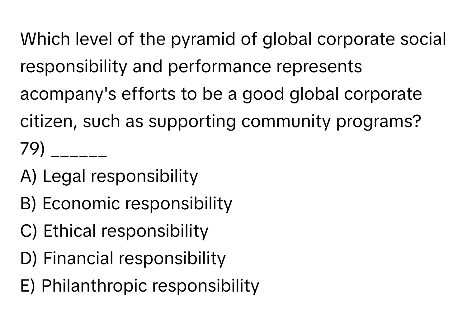 Which level of the pyramid of global corporate social responsibility and performance represents acompany's efforts to be a good global corporate citizen, such as supporting community programs? 79)  ______
A) Legal responsibility
B) Economic responsibility
C) Ethical responsibility
D) Financial responsibility
E) Philanthropic responsibility