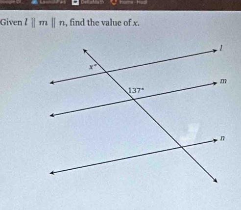 Deltafta to
Given l||m||n , find the value of x.