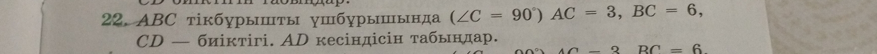 ABC тікбурышτы γшбγрышында (∠ C=90°)AC=3, BC=6,
CD — биіктігі. AD кесіндісін табындар.
BC=6