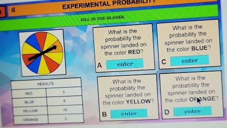 EXPERIMENTAL PROBABILI 
FILL IN THE BLANKS.
What is the What is the
probability the probability the
spinner landed on spinner landed on
the color RED? the color BLUE?
A enter C enter
What is the What is the
probability the probability the
spinner landed on spinner landed on
the color YELLOW? the color OF ANGE?
B enter D enter