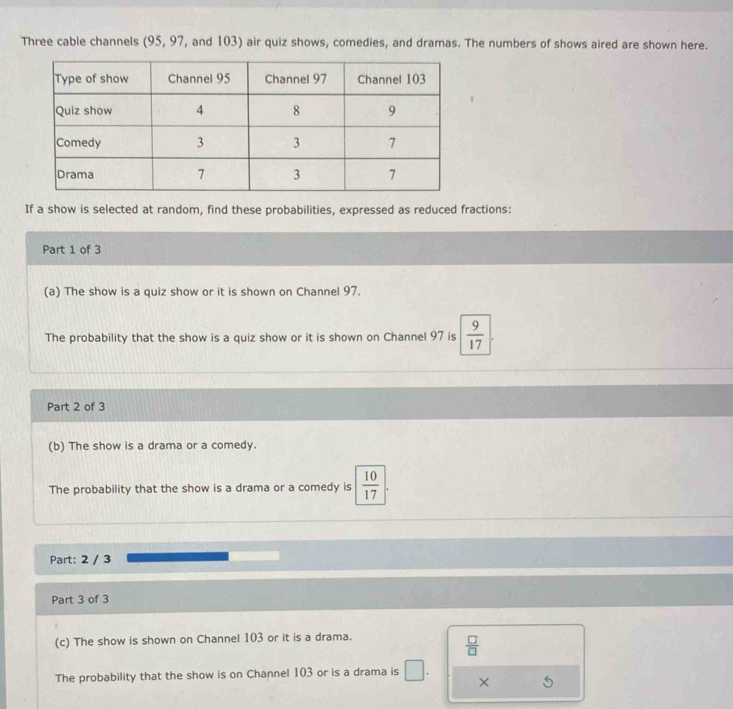 Three cable channels (95,97 , and 103) air quiz shows, comedies, and dramas. The numbers of shows aired are shown here. 
If a show is selected at random, find these probabilities, expressed as reduced fractions: 
Part 1 of 3 
(a) The show is a quiz show or it is shown on Channel 97. 
The probability that the show is a quiz show or it is shown on Channel 97 is  9/17 
Part 2 of 3 
(b) The show is a drama or a comedy. 
The probability that the show is a drama or a comedy is  10/17 
Part: 2 / 3 
Part 3 of 3 
(c) The show is shown on Channel 103 or it is a drama.
 □ /□  
The probability that the show is on Channel 103 or is a drama is □
×
