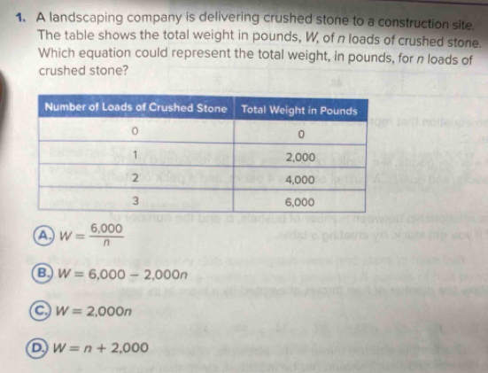 A landscaping company is delivering crushed stone to a construction site.
The table shows the total weight in pounds, W, of n loads of crushed stone.
Which equation could represent the total weight, in pounds, for π loads of
crushed stone?
W= (6,000)/n 
B W=6,000-2,000n
a W=2,000n
D W=n+2,000