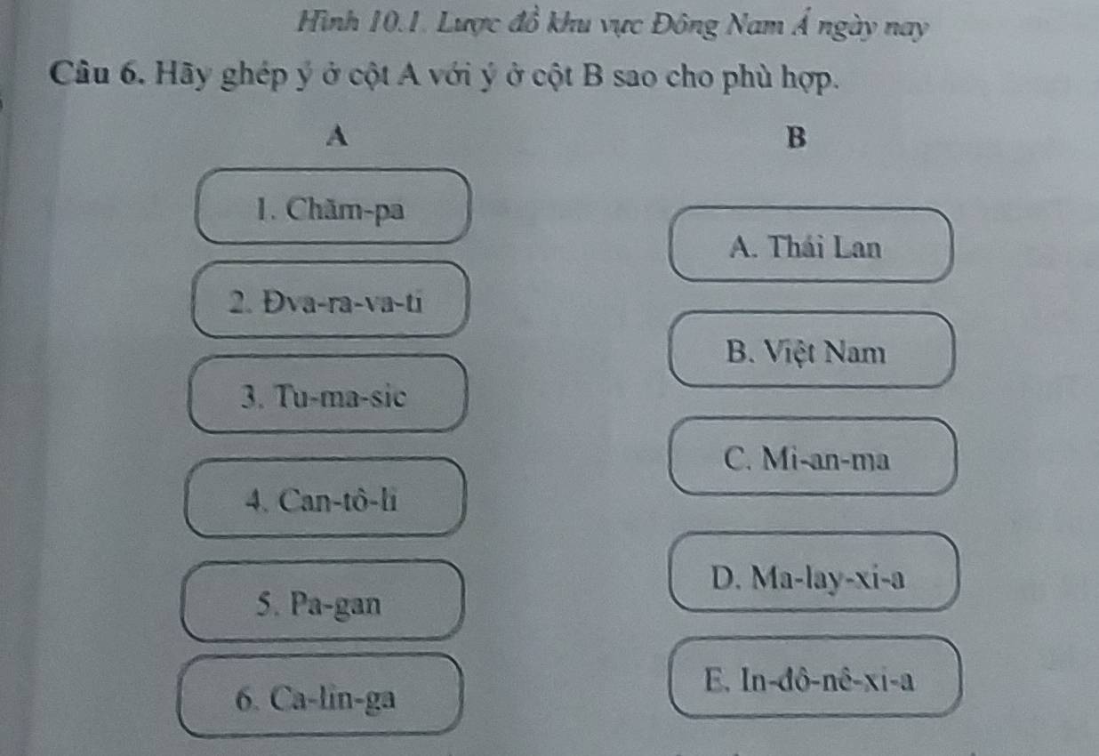 Hình 10.1. Lược đồ khu vực Đông Nam Á ngày nay
Câu 6. Hãy ghép ý ở cột A với ý ở cột B sao cho phù hợp.
A
B
1. Chăm-pa
A. Thái Lan
2. Đva-ra-va-ti
B. Việt Nam
3. Tu-ma-sic
C. Mi-an-ma
4. Can-tô-li
D. Ma-lay-xi-a
5. Pa-gan
6. Ca-lin-ga
E. In-đô-nê-xi-a