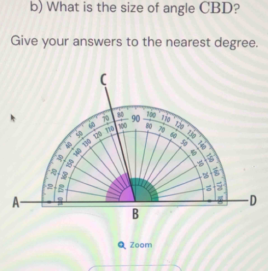 What is the size of angle CBD? 
Give your answers to the nearest degree. 
Zoom