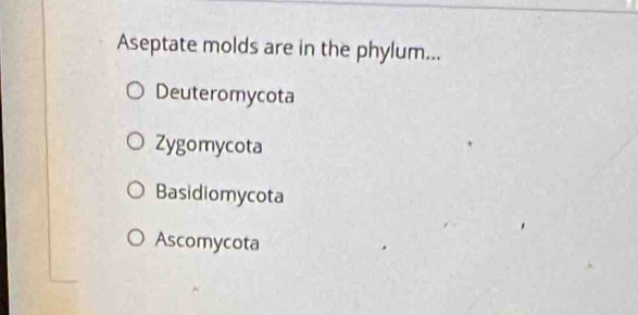 Aseptate molds are in the phylum...
Deuteromycota
Zygomycota
Basidiomycota
Ascomycota